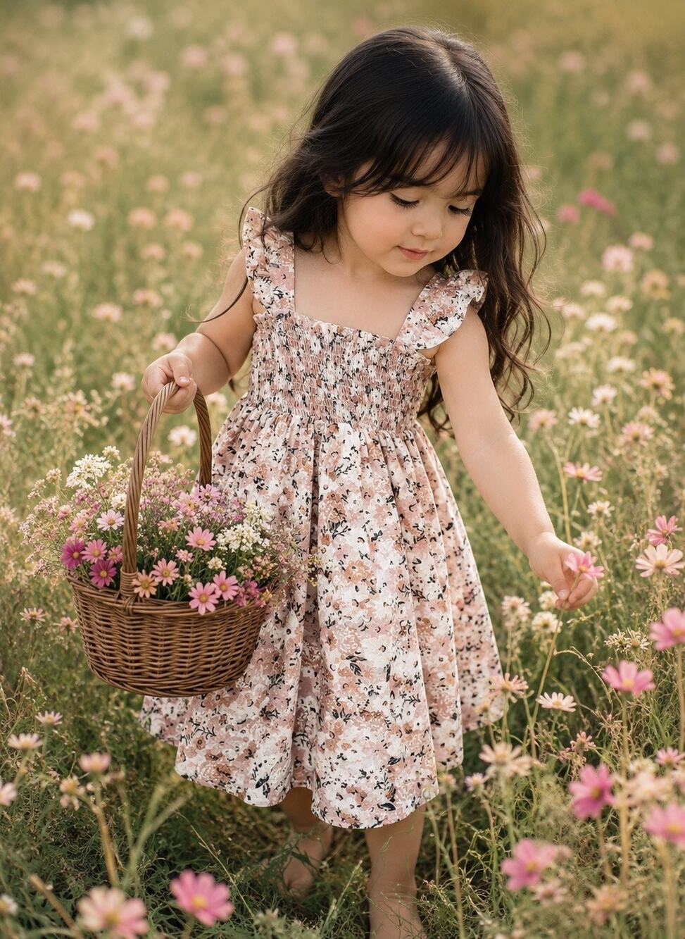 New Earthy Floral Print Floaty Smocked Frill Slv Babydoll Dress 3T